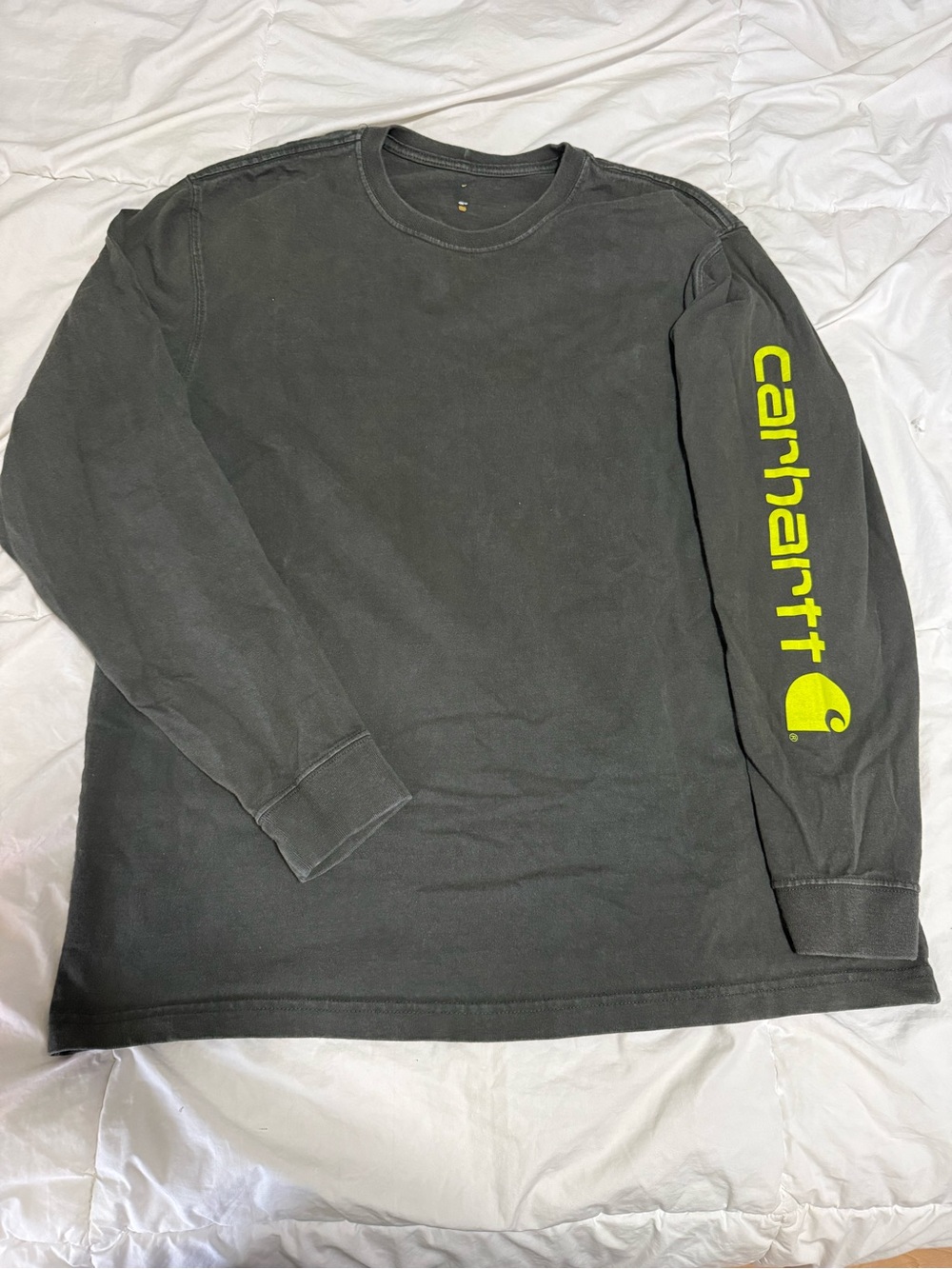 Carhartt Long Sleeve Logo Crewneck Tee in Charcoal with Neon Yellow Sleeve Print